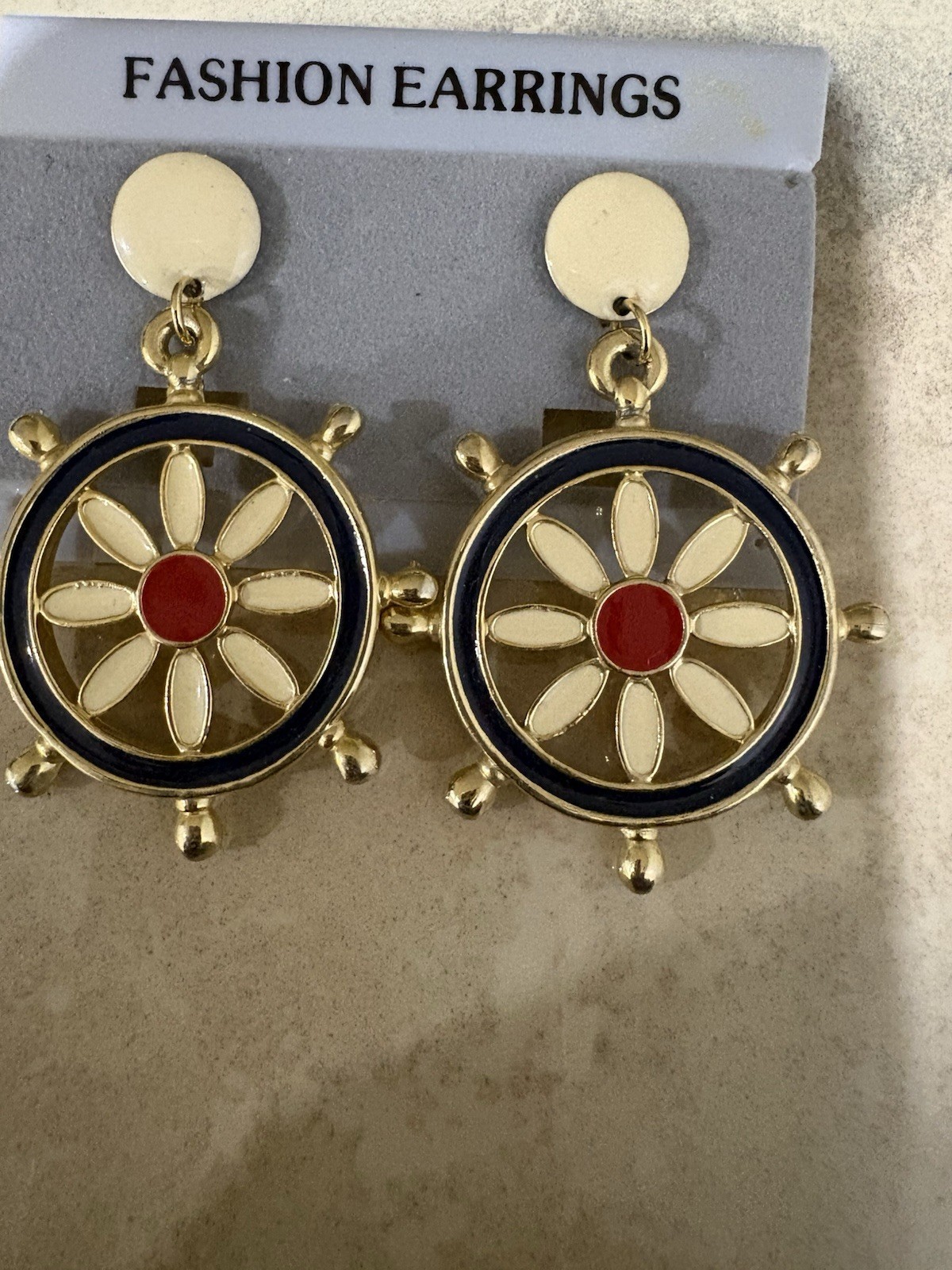 Gold Tone Nautical Ship Wheel Enamel Clip-On Dangle Earrings Multicolor