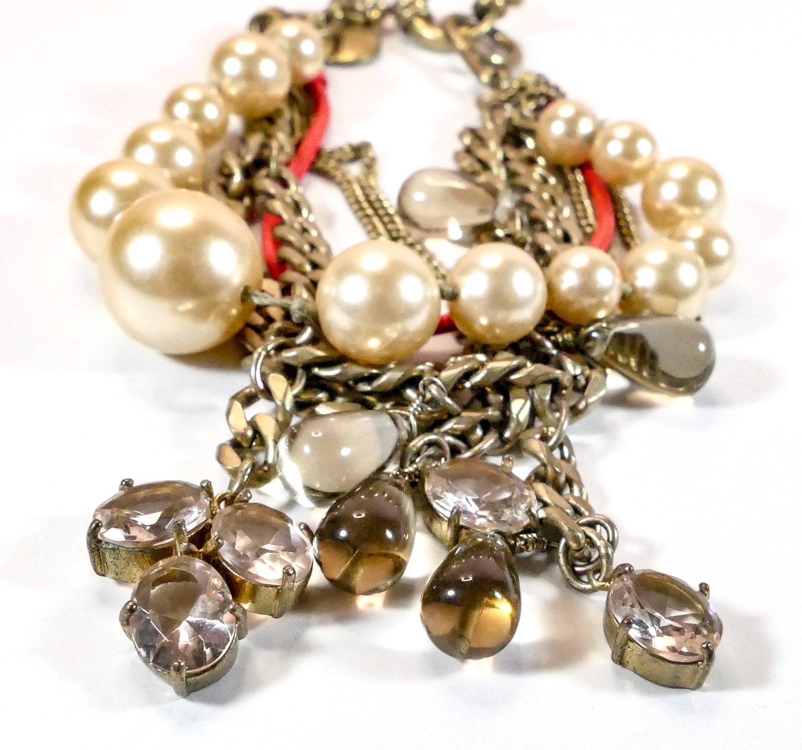 Signed J.Crew Multi-Strand Pearl & Crystal Statement Charm Bracelet
