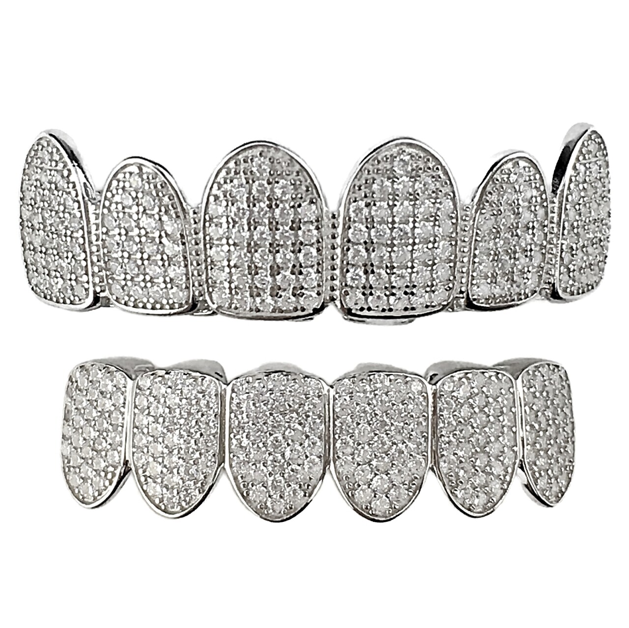 Men’s Real 925 Silver Grillz White Iced Micro Pave CZ Flooded Out Teeth Grills