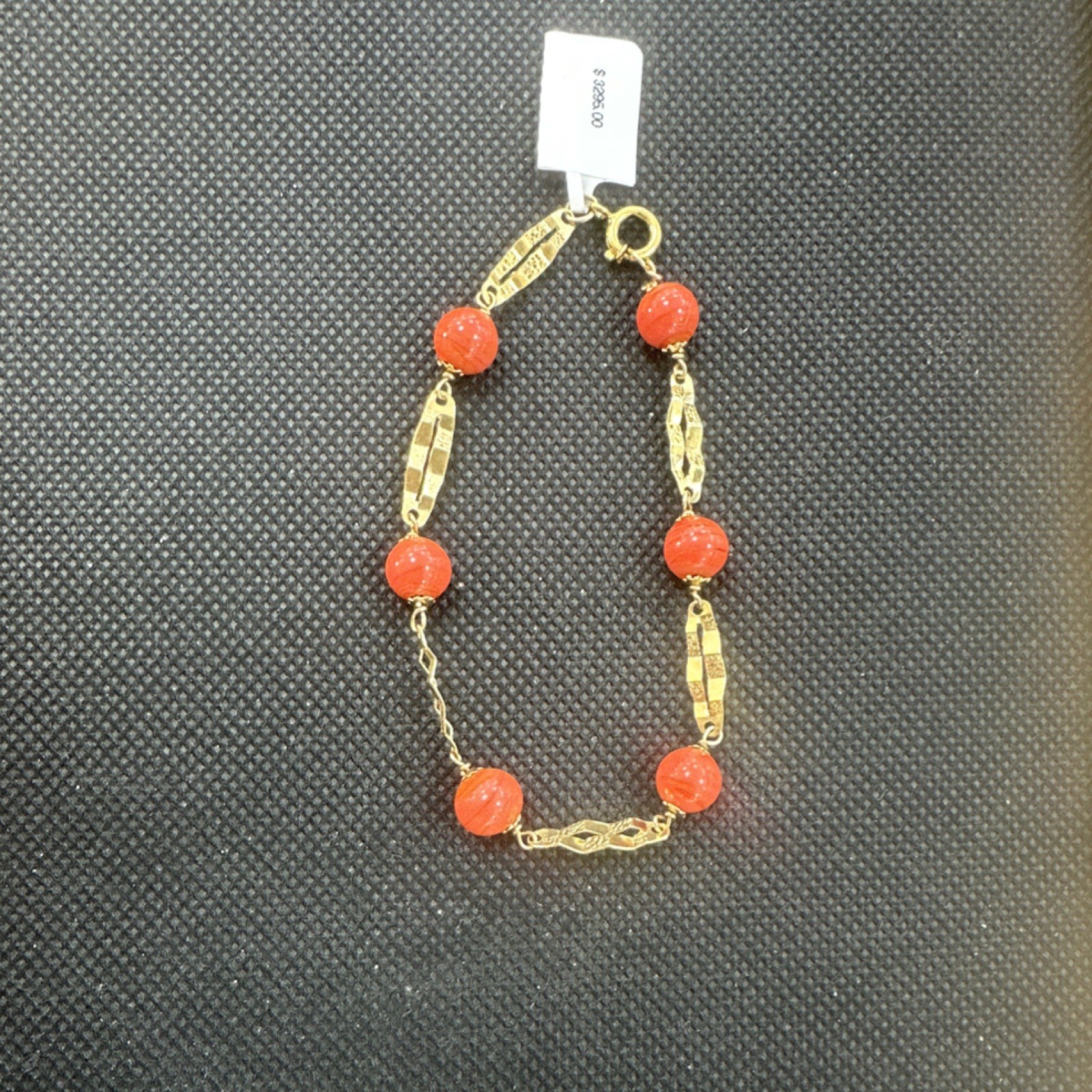18k Yellow Gold Coral Beaded Chain Bracelet Spring Ring 7.6-8 in 6.05ctw