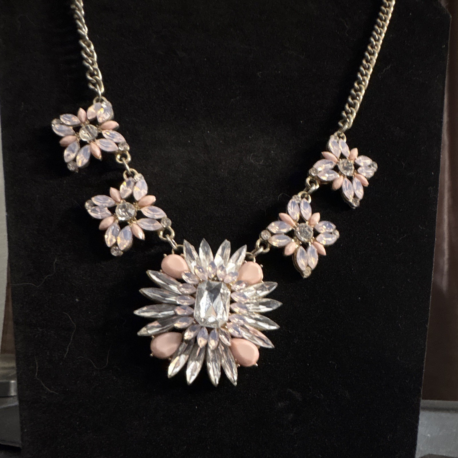 Silver Tone Statement Necklace Pink Floral Pendant Clear Crystal Rhinestone