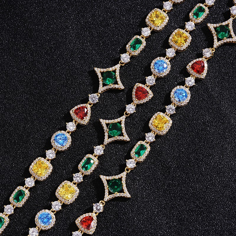 Colorful Gemstone Rhinestone Necklace for Men Women, Tennis Chain Bracelet Jewel