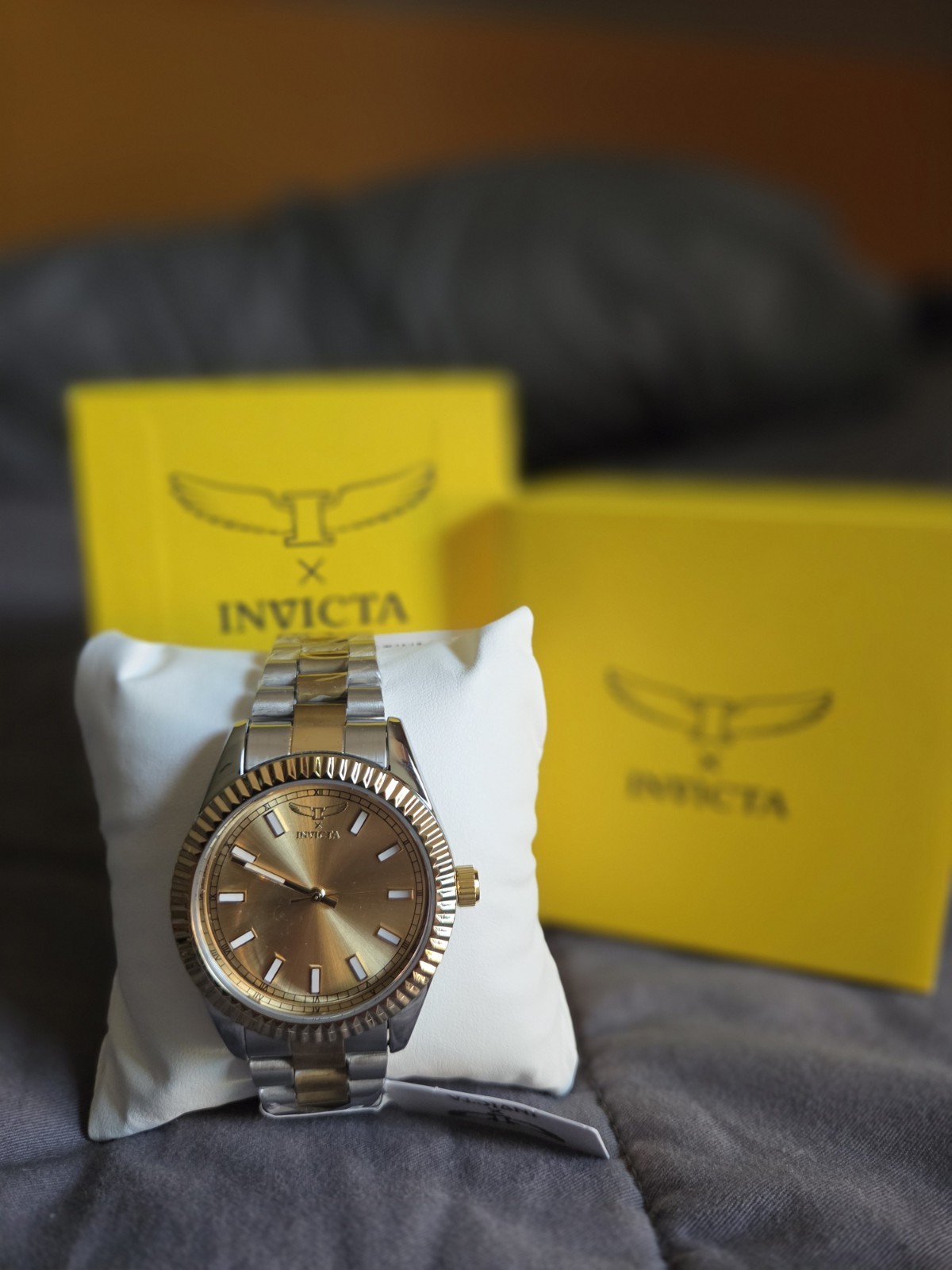 Invicta Quartz Two-Tone SS Bracelet Gold Sunburst Dial Fluted Bezel Box