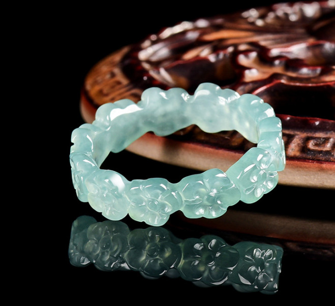 Certified Natural Burma Grade A Jade jadeite Carving Flower Lucky Unisex Ring