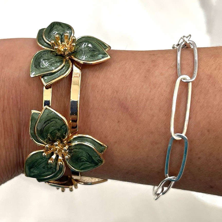 Gold Tone Green Enamel Flower Cuff Bracelet Adjustable Nature Theme