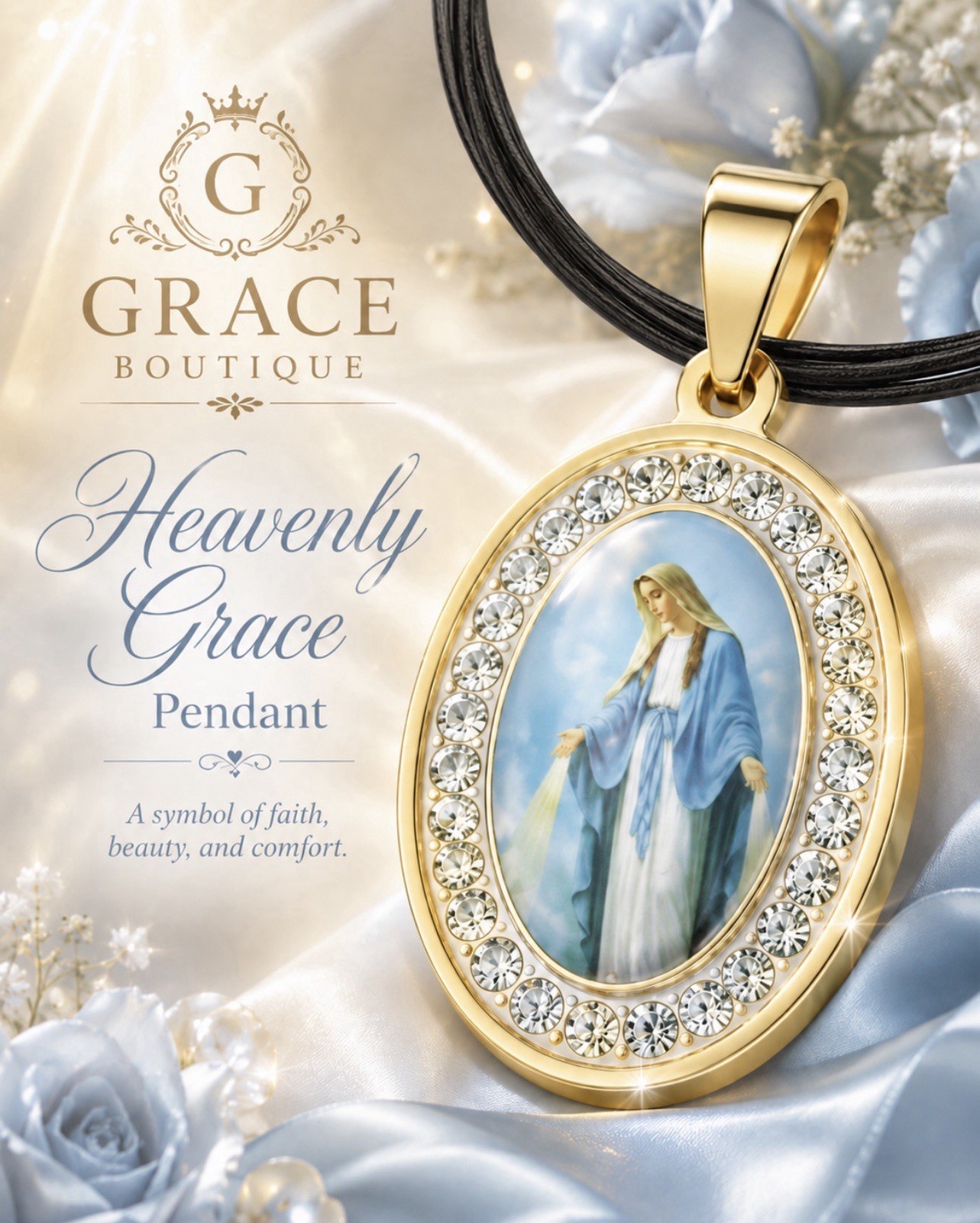 Grace Boutique Religious Medal Pendant Necklace Gold/Black Sim Crystal Cord
