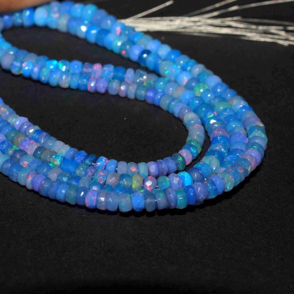 4-6mm Natural Blue Ethiopian Fire Opal Faceted Roundell Gemstone Beads 4 Inch