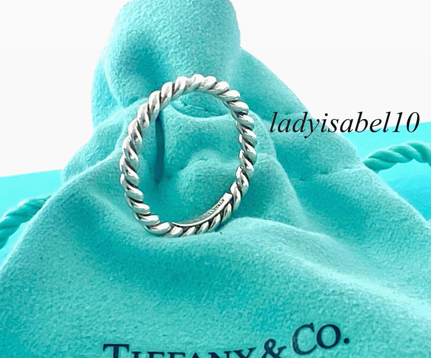 Sz. 5 Tiffany & Co. Twist Rope Narrow Band Ring Silver w Pouch Authentic -Italy
