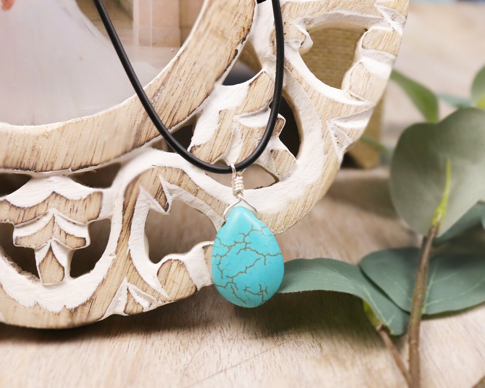 Teardrop Turquoise Pendant Necklace for Women with Leather Cord