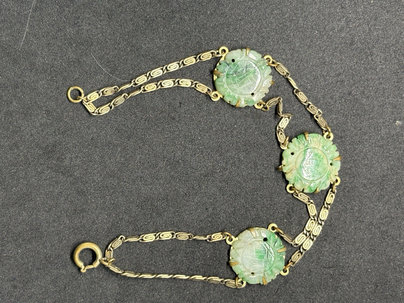 Antique Chinese Export Art Deco Brass Link Carved Jade Disc Chain Bracelet 7”