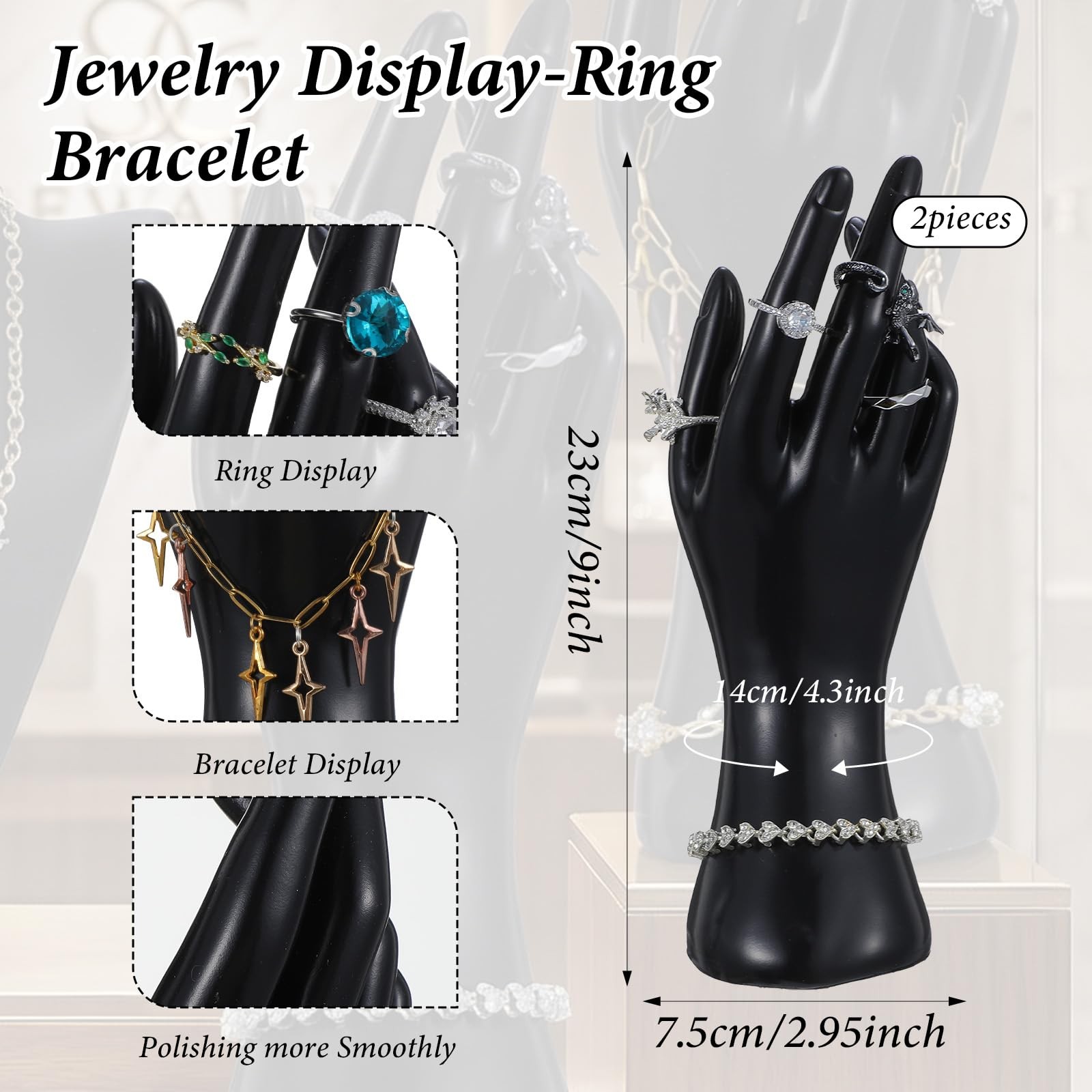 3 Pcs Jewelry Mannequin Display Set – Black PVC Bust Holder with 2 Hand Displ…