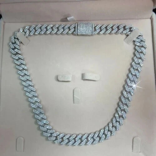 VVS1 12MM Cuban Link Chain Real Moissanite 925 Sterling Silver PASS TESTER