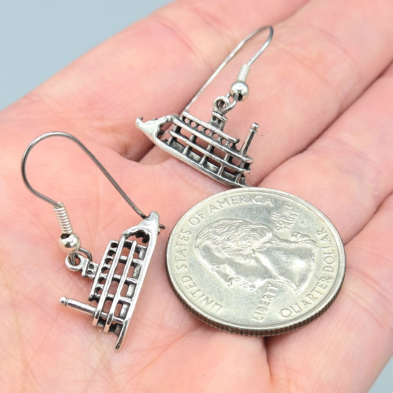 Wheeler Manufacturing WM CO Sterling Silver Riverboat Dangle Hook Earrings