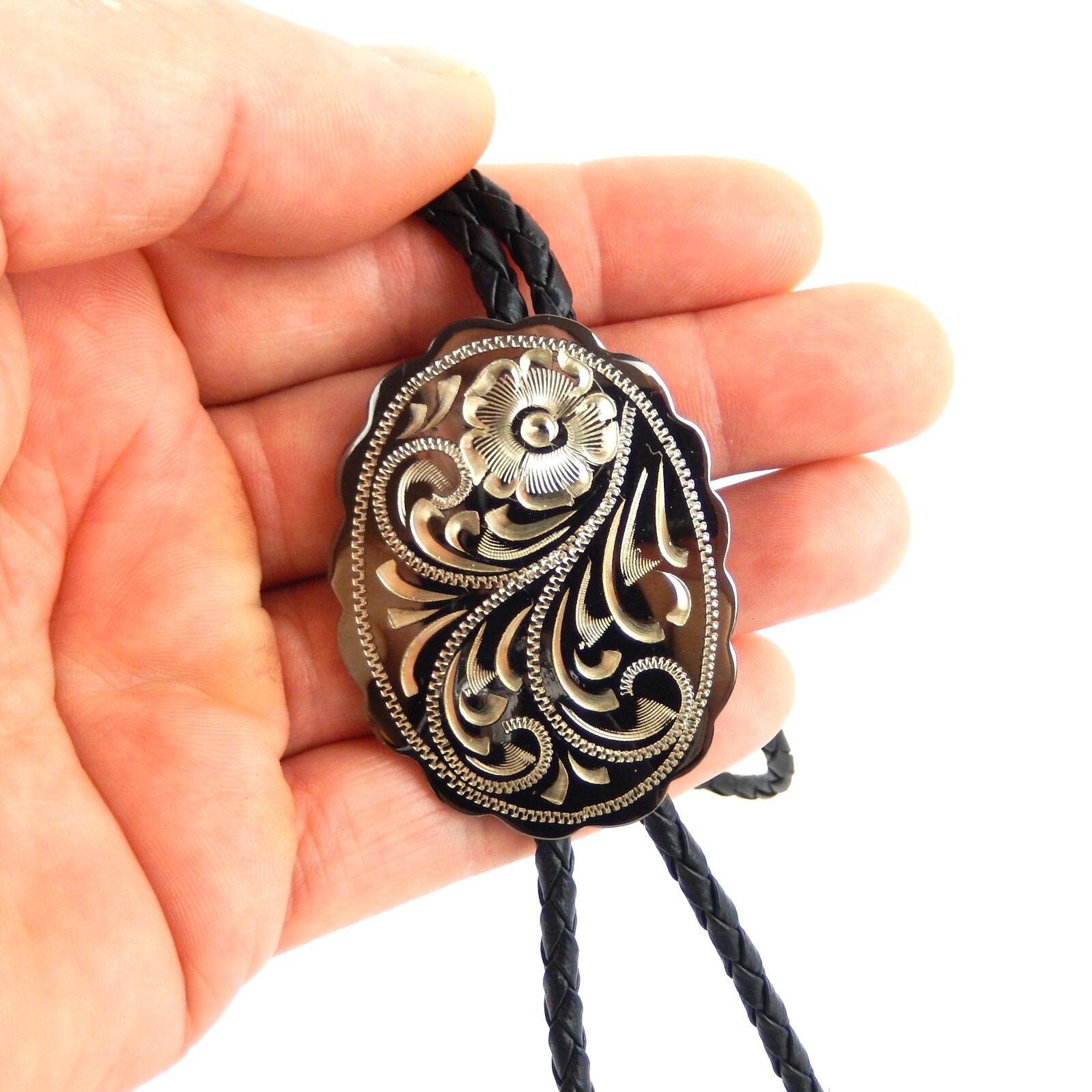 Engraved Floral Bolo Tie Adjustable 36″ Cord USA Made Western German Silver