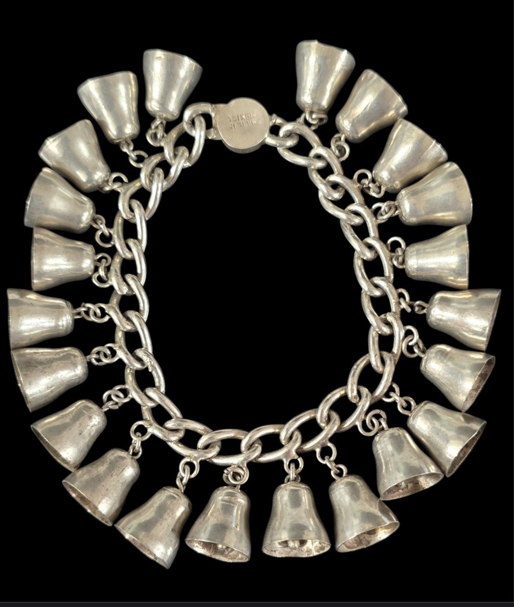 Vintage Mexico Sterling Silver Bells Charm Bracelet