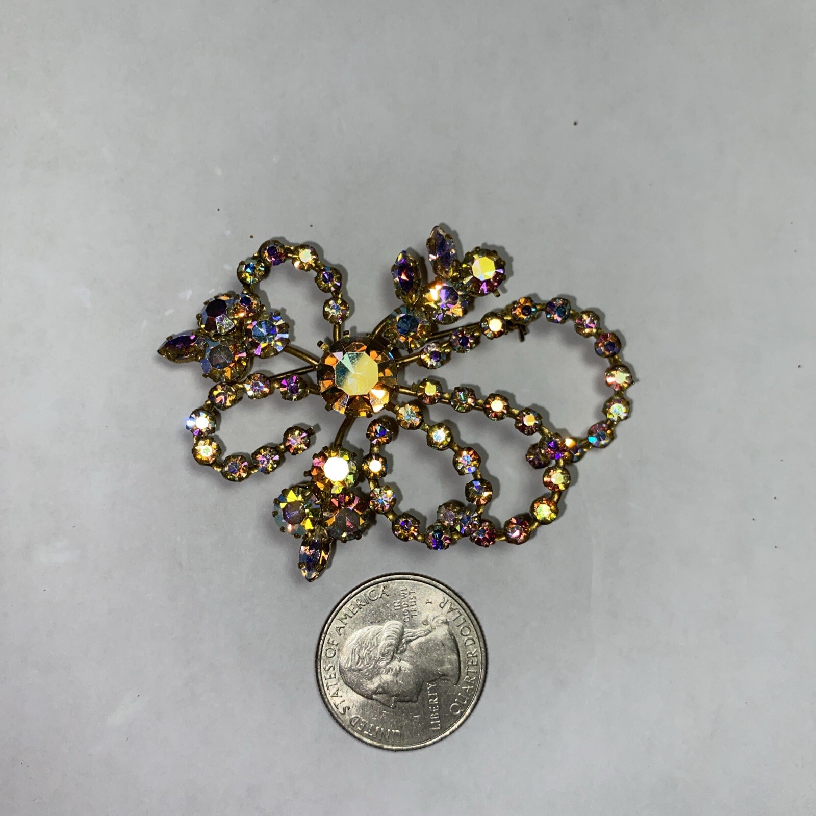 Brooch Pin Austrian Big Aurora Borealis Vintage Beauty 2.75” Colors Signed