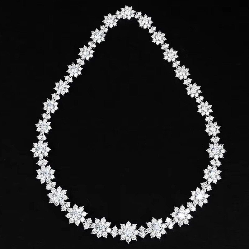 Round Moissanite Flower Tennis Chain Women Wedding Necklace 925 Sterling Silver