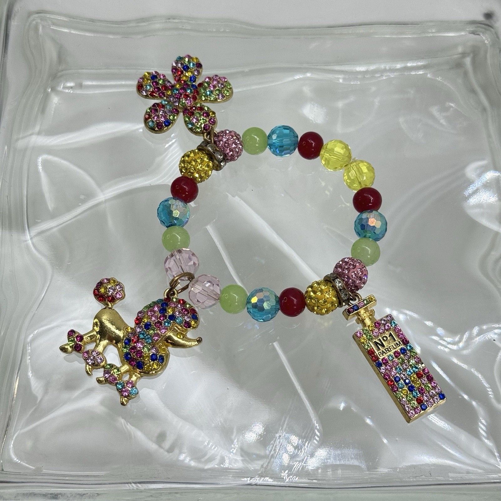 Colorful Rhinestone Charm Bracelet Poodle, No1 Parfum & Flower Stretch Bracelet
