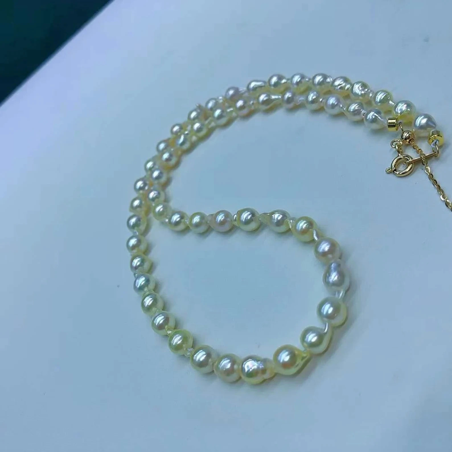 5mm-5.5mm Japanese Akoya Baroque Pearls Beaded Necklace Bright Champagne Gold