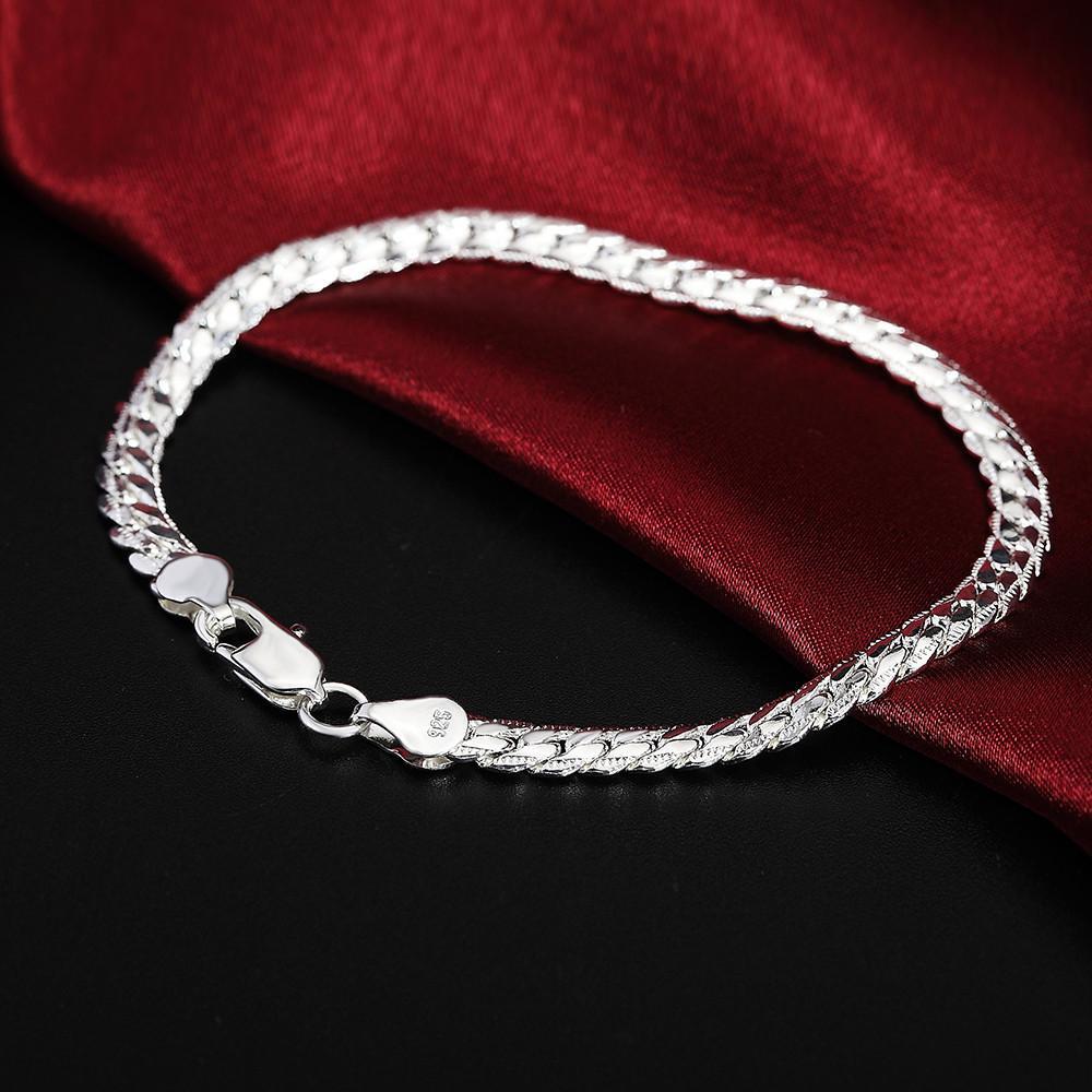 Pulsera De Plata De Ley 925 Para Mujer Y Hombre Brazalete Cadena Lateral Plana