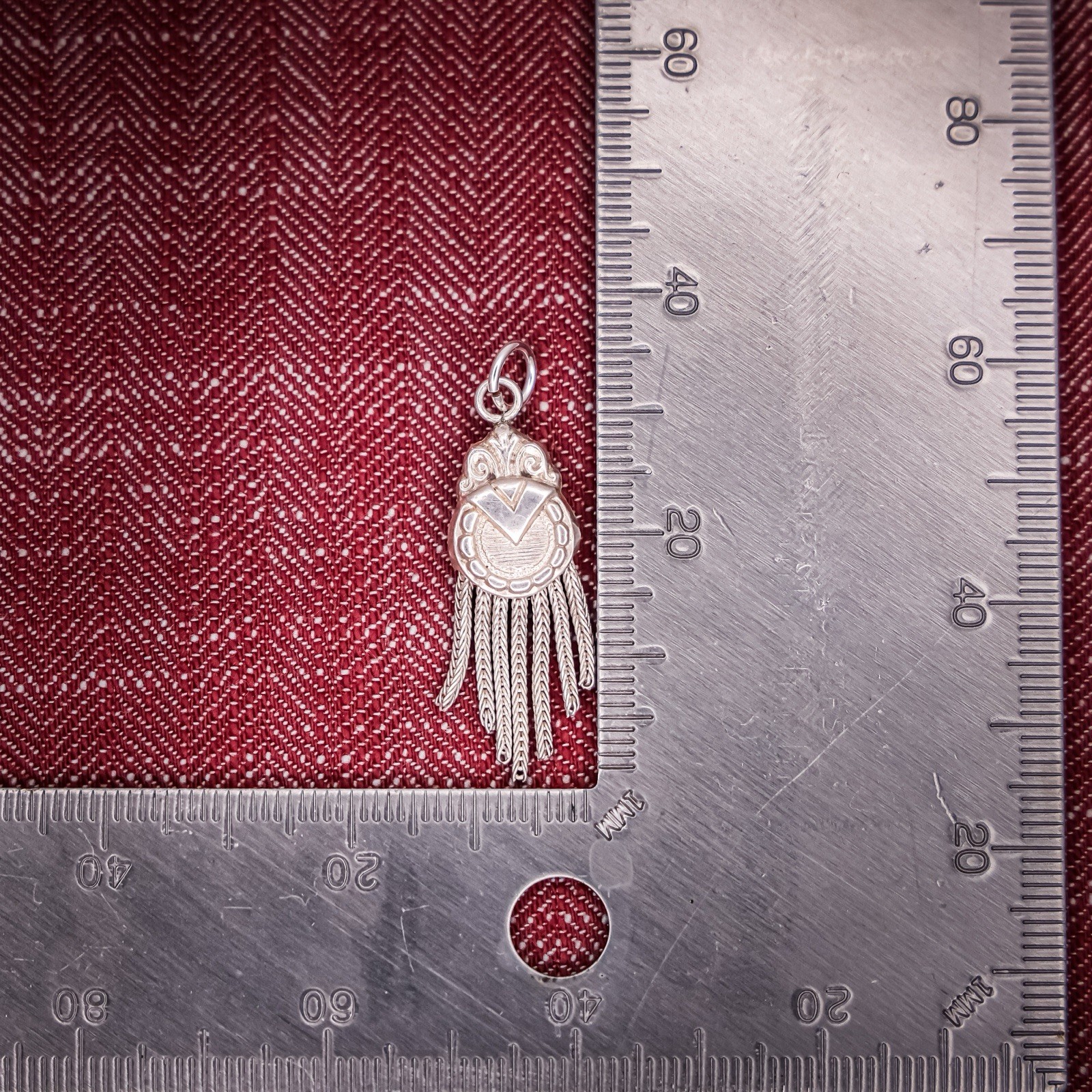 Antique French Puffy Tassel Charm Sterling Silver Die Struck Engraved Circle