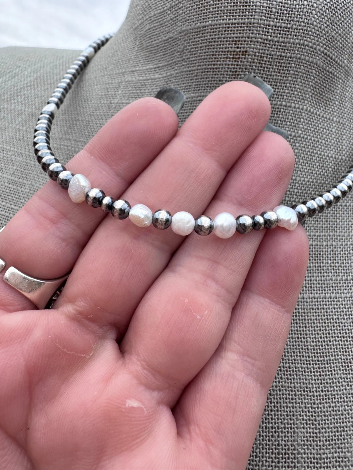 Handcrafted Freshwater Pearl & Sterling Silver Pearl 4mm Beaded Necklace 16″