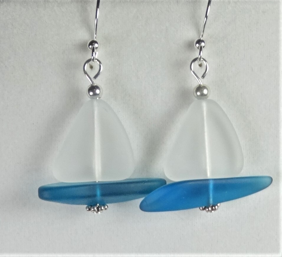 Frosted CRYSTAL SAIL Beach glass nautical jewelry TEAL hull handmade earrings