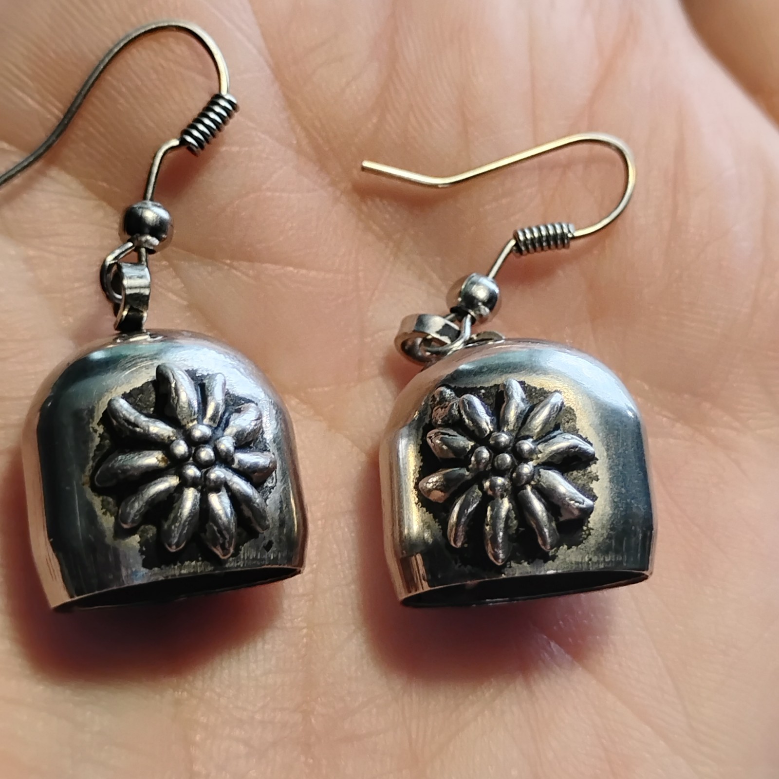 Vintage Silver Toned Bell Flower Charm Hook Earrings