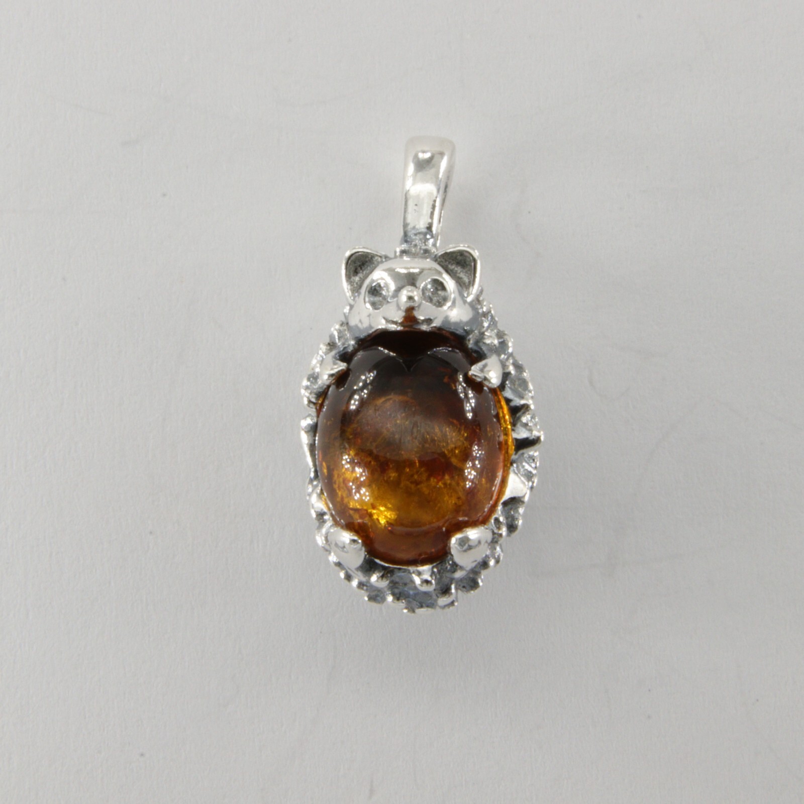 Cognac / Brown BALTIC AMBER Hedgehog Pendant 925 STERLING SILVER Poland #5250e