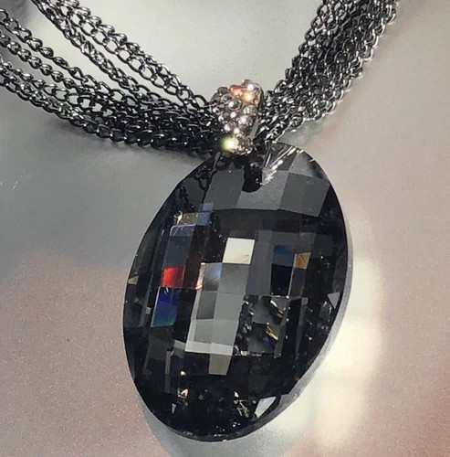 14K Black Rhodium Plated Big Oval Pendant Long Sweater Chain Necklace Gorgeous