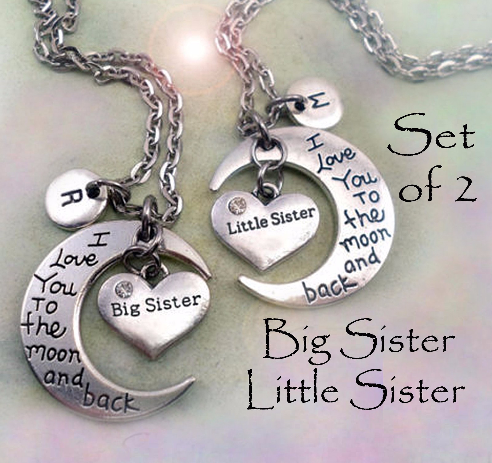 Set of 2 Big and Little Sister I Love You to the Moon and Back Necklaces