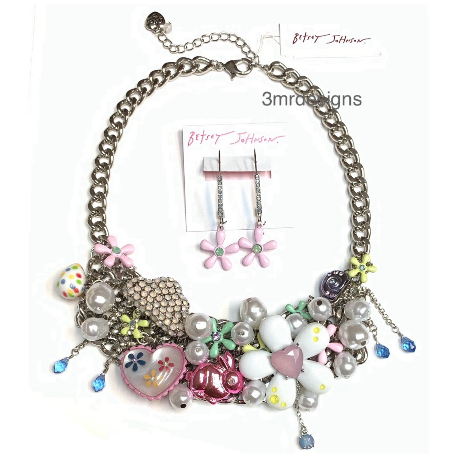 NWT Betsey Johnson SPRING FLING Silver Tone CZ Crystals Earrings & Necklace Set