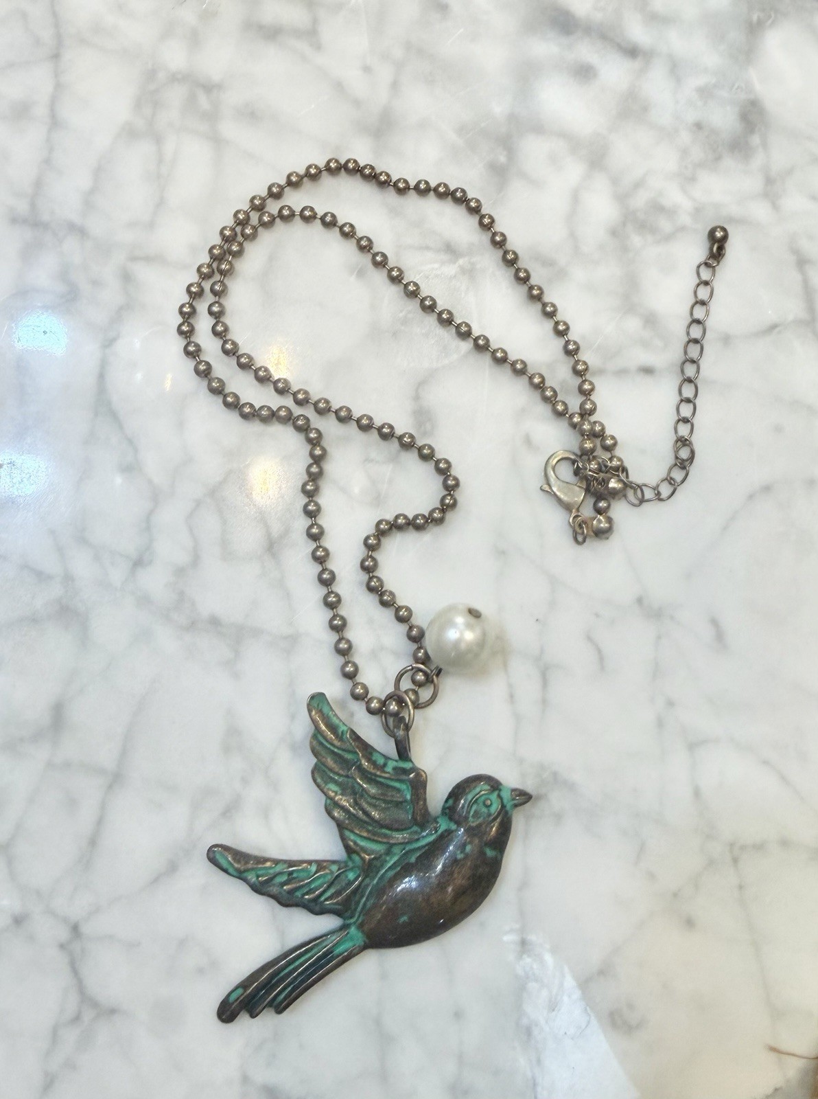 Antique style Hummingbird necklace Turquoise patina Bronze + lg Pearl Statement