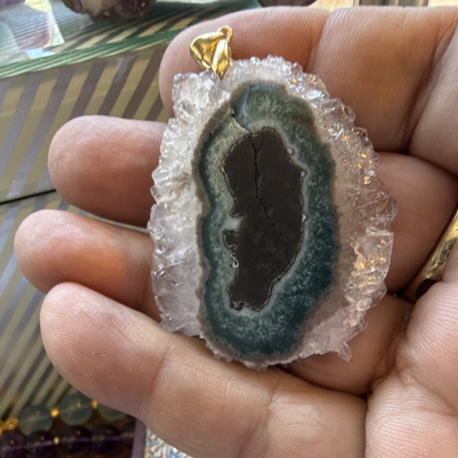 Trapiche Asymmetrical Pendant with S925 Gold Bail, Green Black White Natural