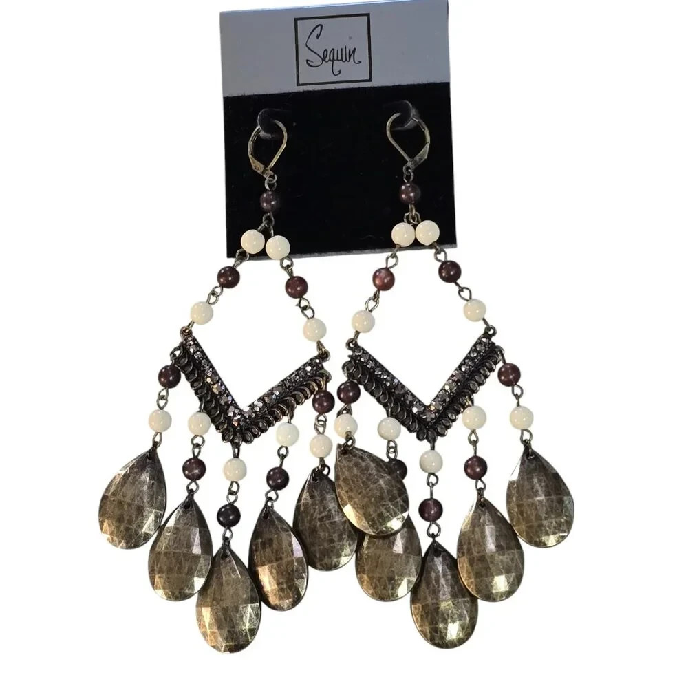 Sequin Women’s Brass Brown Leverback Chandelier Earrings NWT