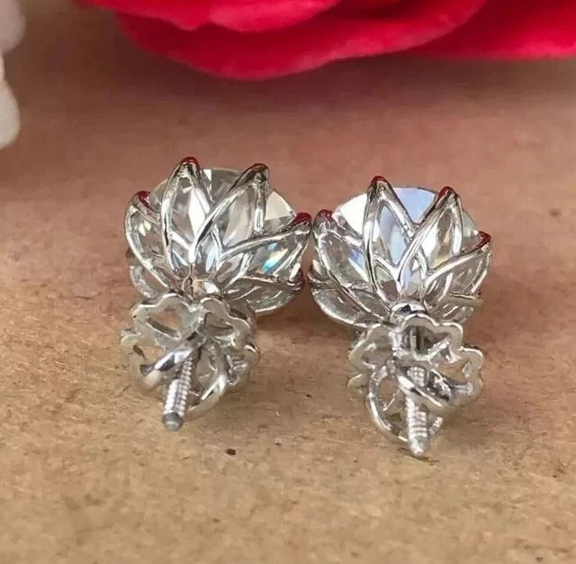 4 Ct Round Cut Moissanite Solitaire Stud Earrings 14k White Gold Plated