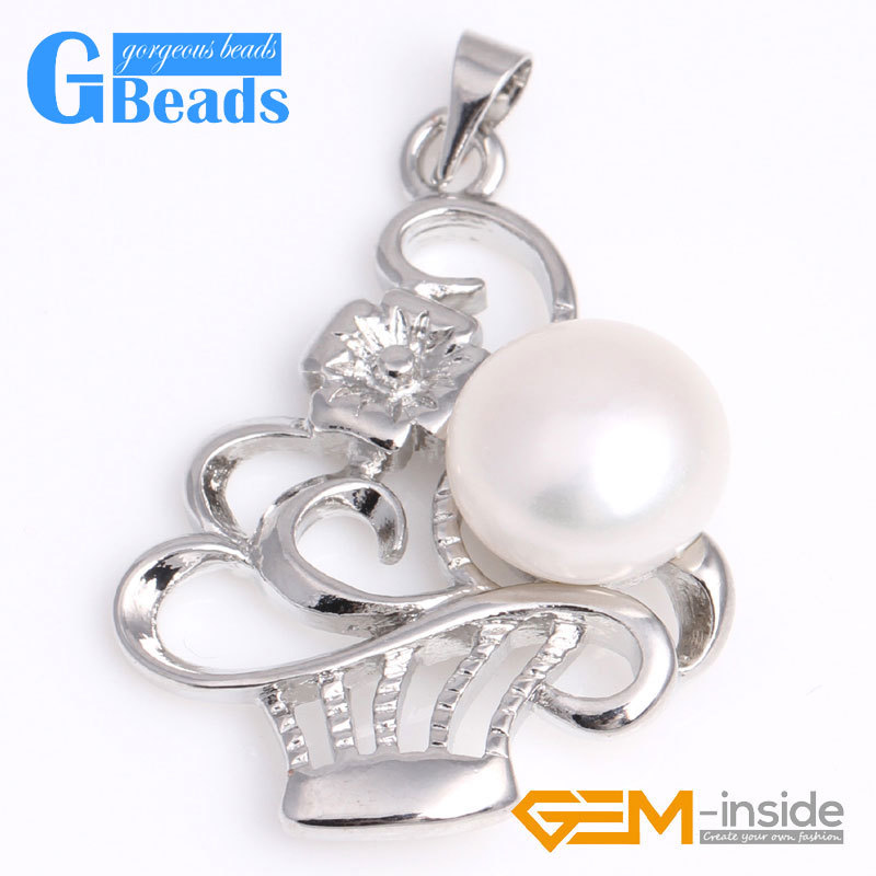 White Gold Plated Basket Shape Freshwater Pearl Pendant Free Shipping 10-11mm