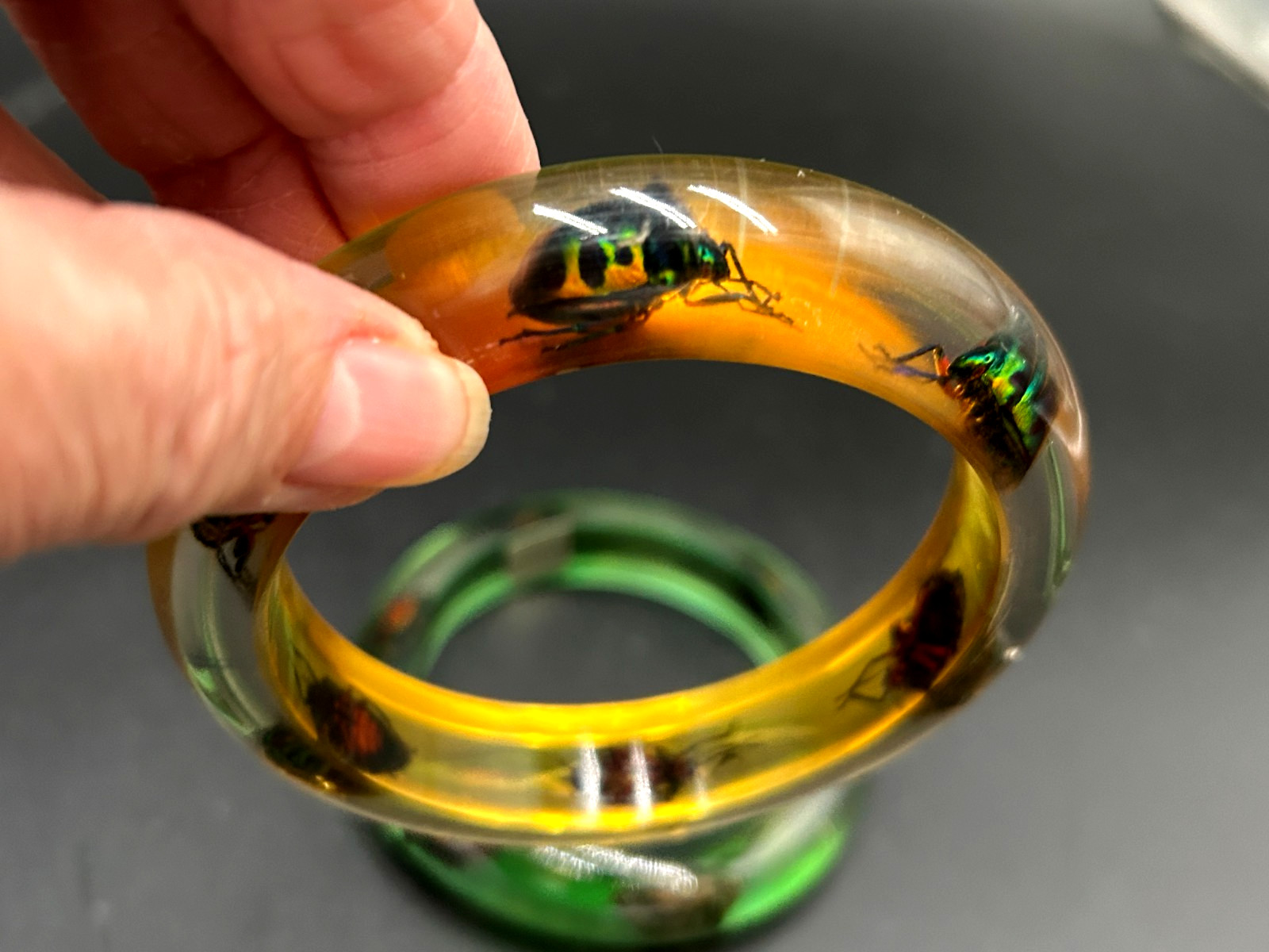 2 Vintage Resin Lucite Jewel Bettle Bangle Bracelets from Philippines Green Yell