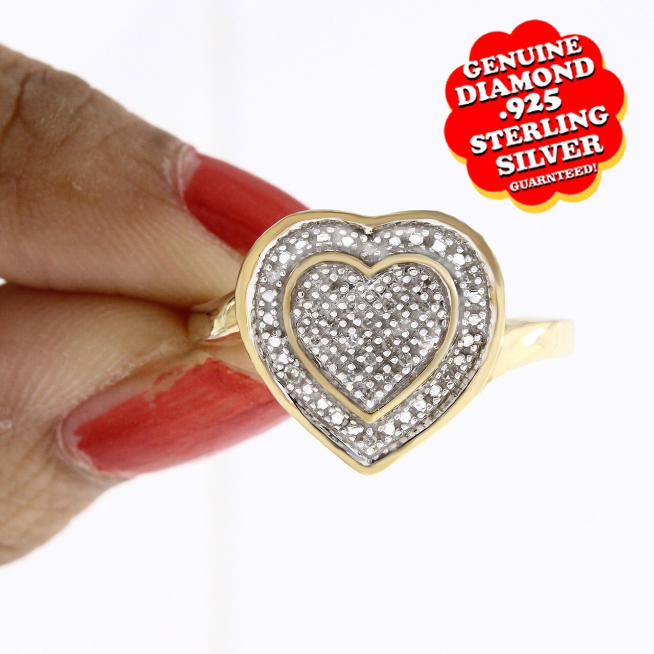 White Real Diamond Accent Heart Promise Ring in 14K Gold Plated Sterling