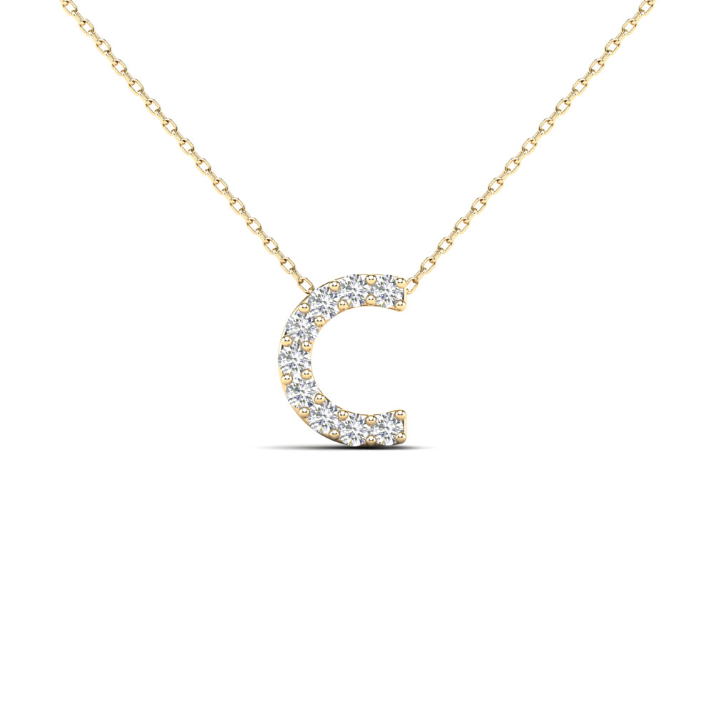 0.09 Ct Natural Diamond Initial “C” Pendant Necklace In 14K Yellow & White Gold