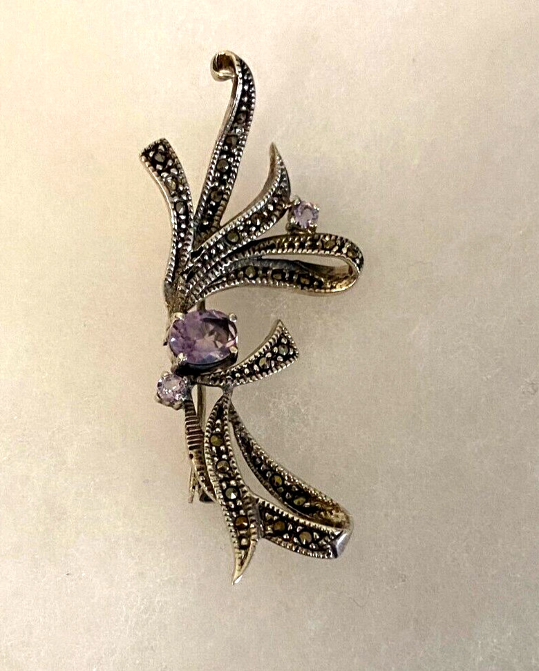 Sterling Marcasite and Amethyst Bow Pin Approx. 2 1/4 In. Wide – 9.0 Grams
