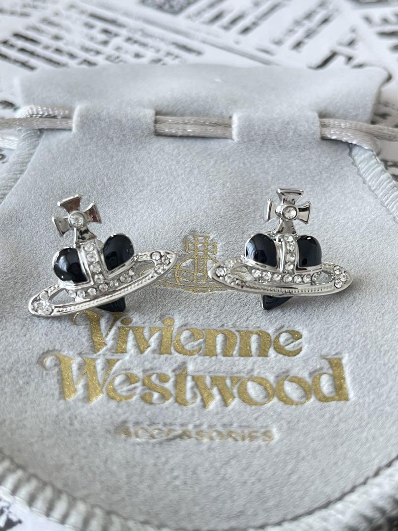 Vivienne Westwood Diamante Heart Silver Black Necklace Earrings Set NO BOX