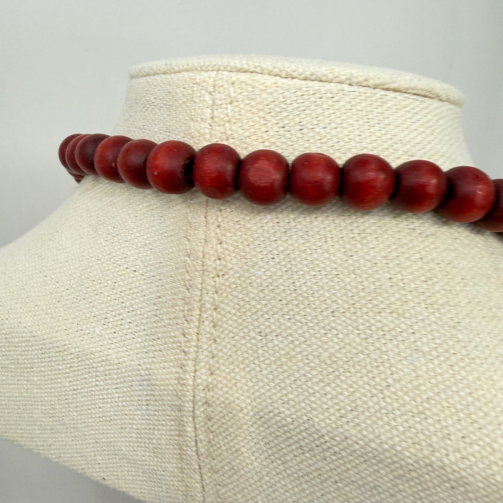 Wood Bead Long Necklace Teardrop Statement Boho Artsy Maroon Burgundy Red