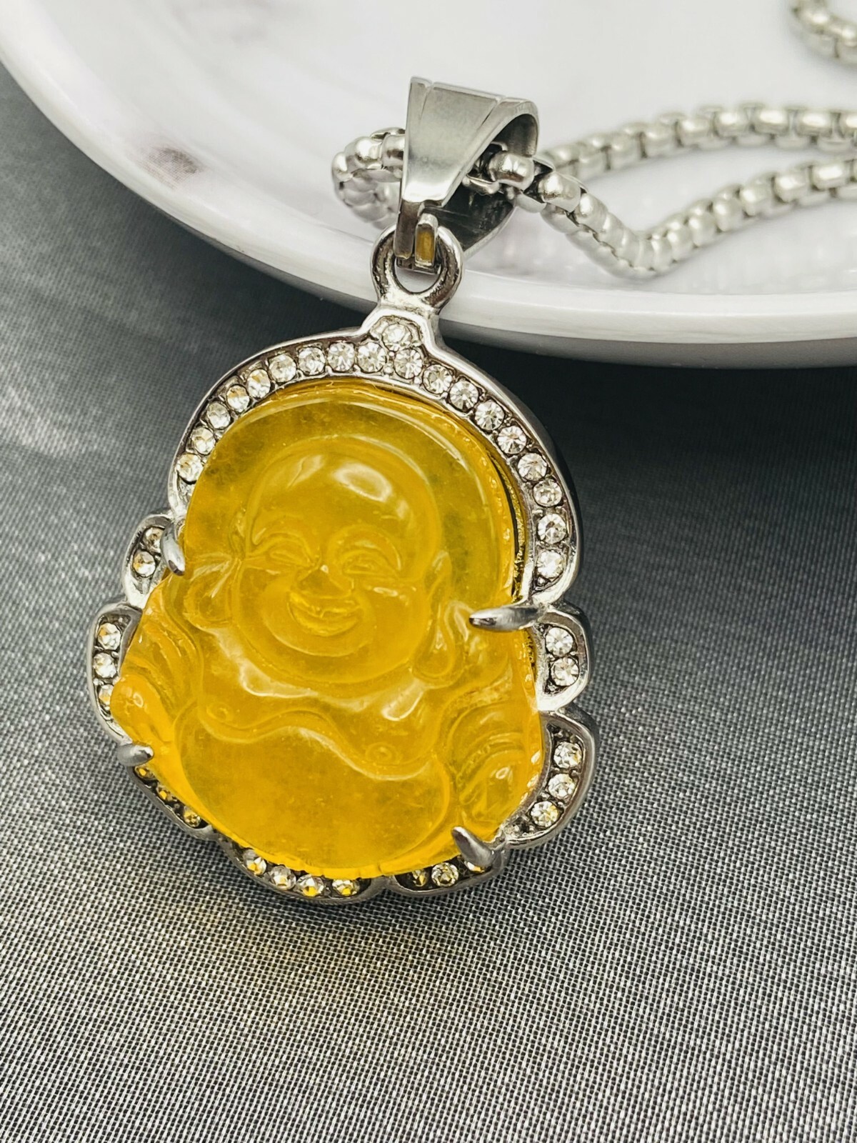 Jade Buddha Pendant Necklace 18K White Gold Plated Crystal Charm Hip Hop Chain
