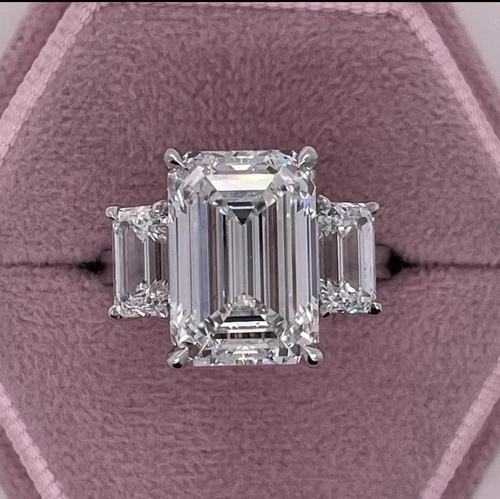 Diamond Ring Emerald Cut 14k White Gold Lab Grown IGI Certified 8 Ct VVS E F