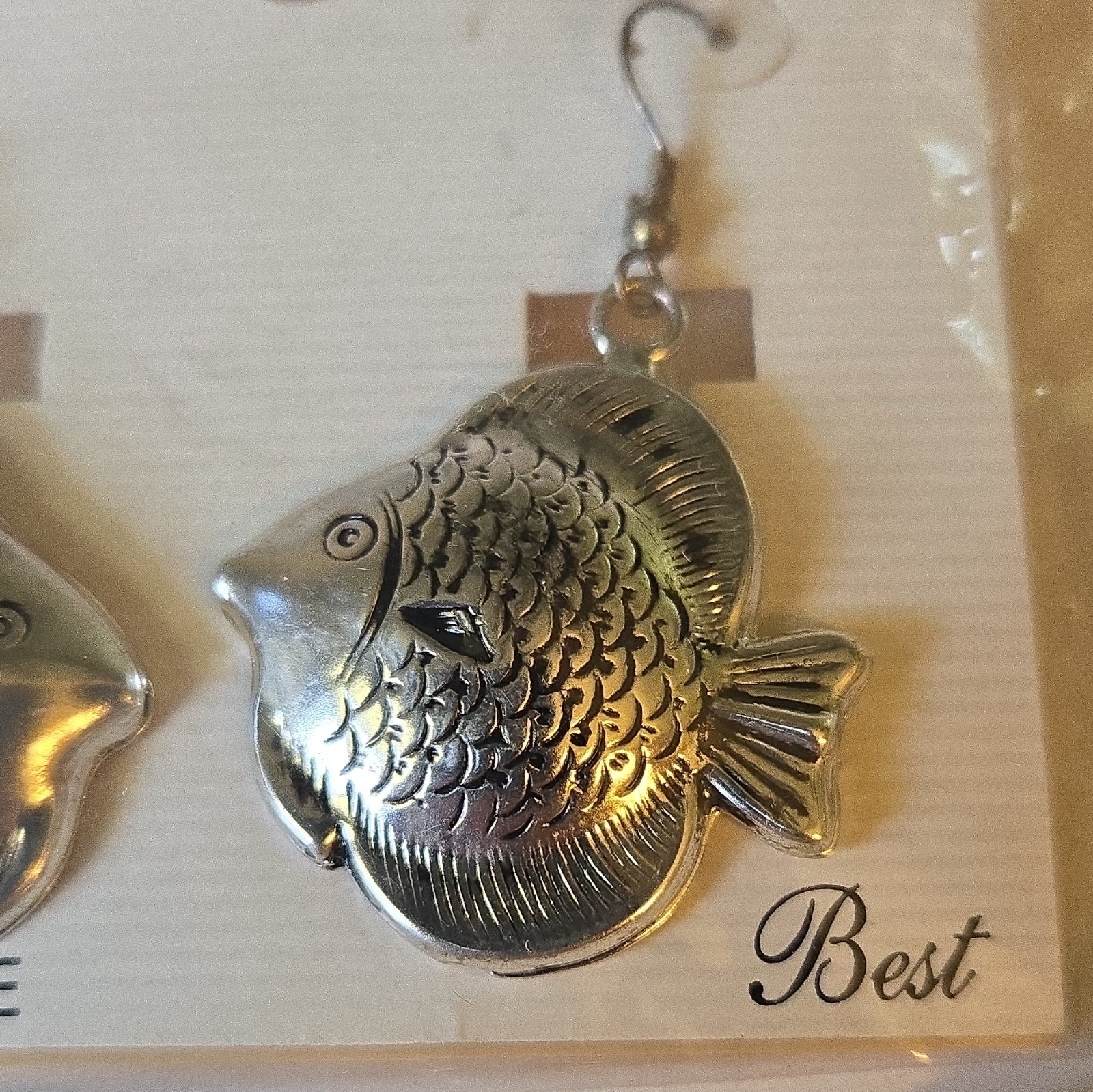 Earrings Fish Design Silver Tone Dangle Hook Lead-Free Metal No Stone