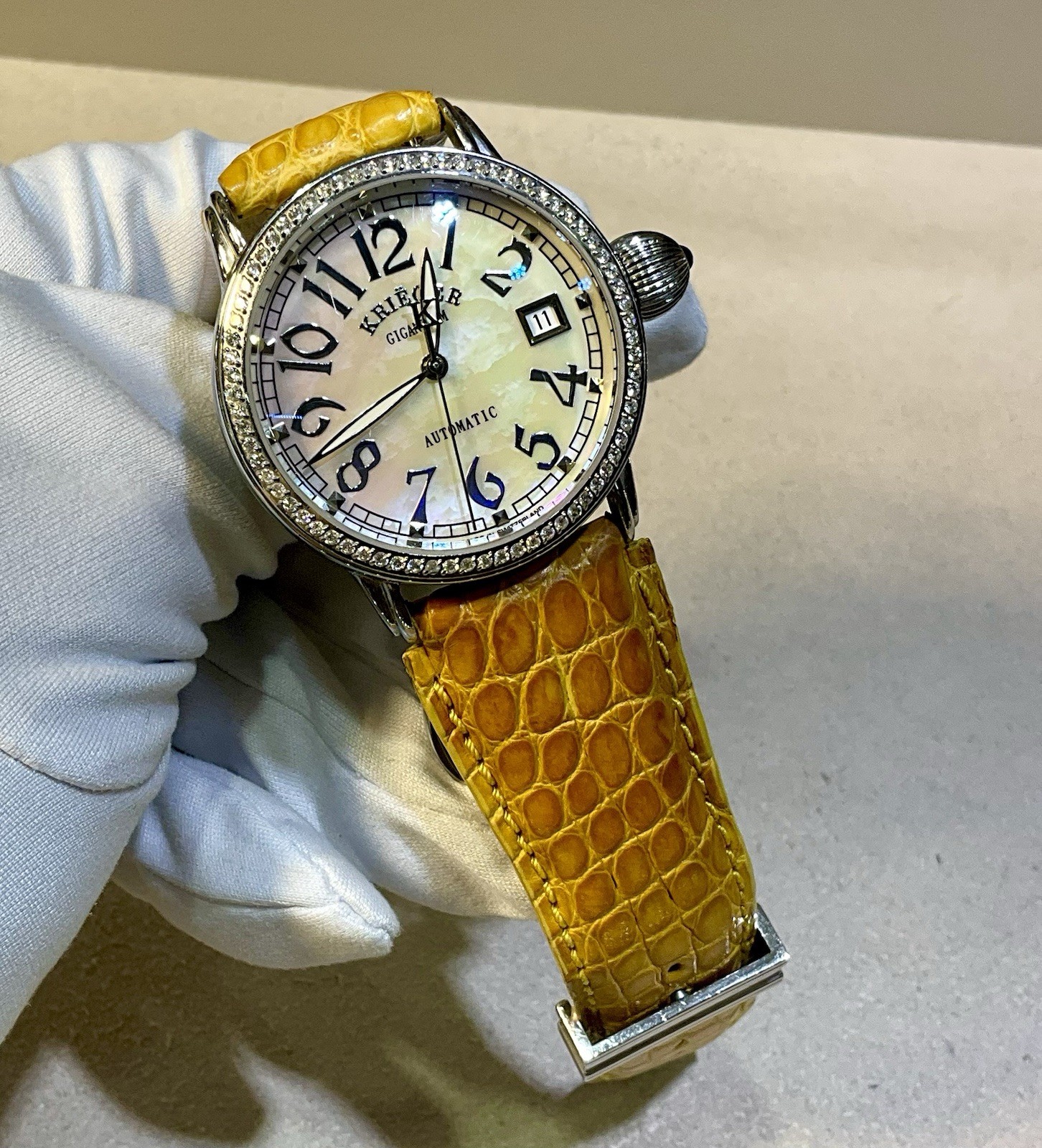 Krieger Gigantium Diamond Bezel MOP Dial Leather Strap Watch Full Set