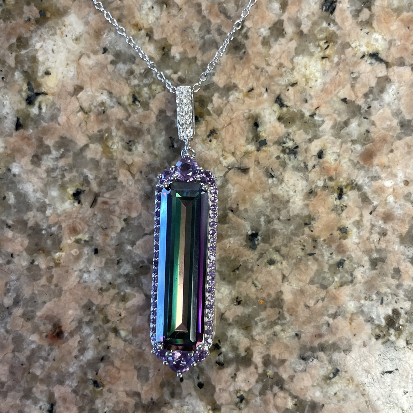 Multi-Color Quartz Rhodium Over Sterling Silver Pendant With Chain 7.83 Grams
