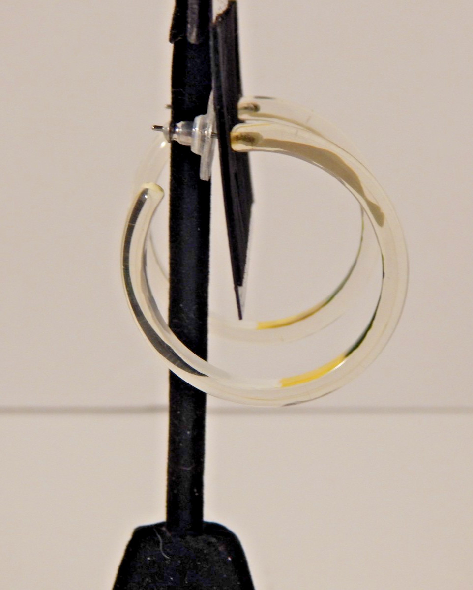 Vtg Retro Lucite Acrylic Geometric Print Hoop Earrings Multicolor Unique 1.5″ D