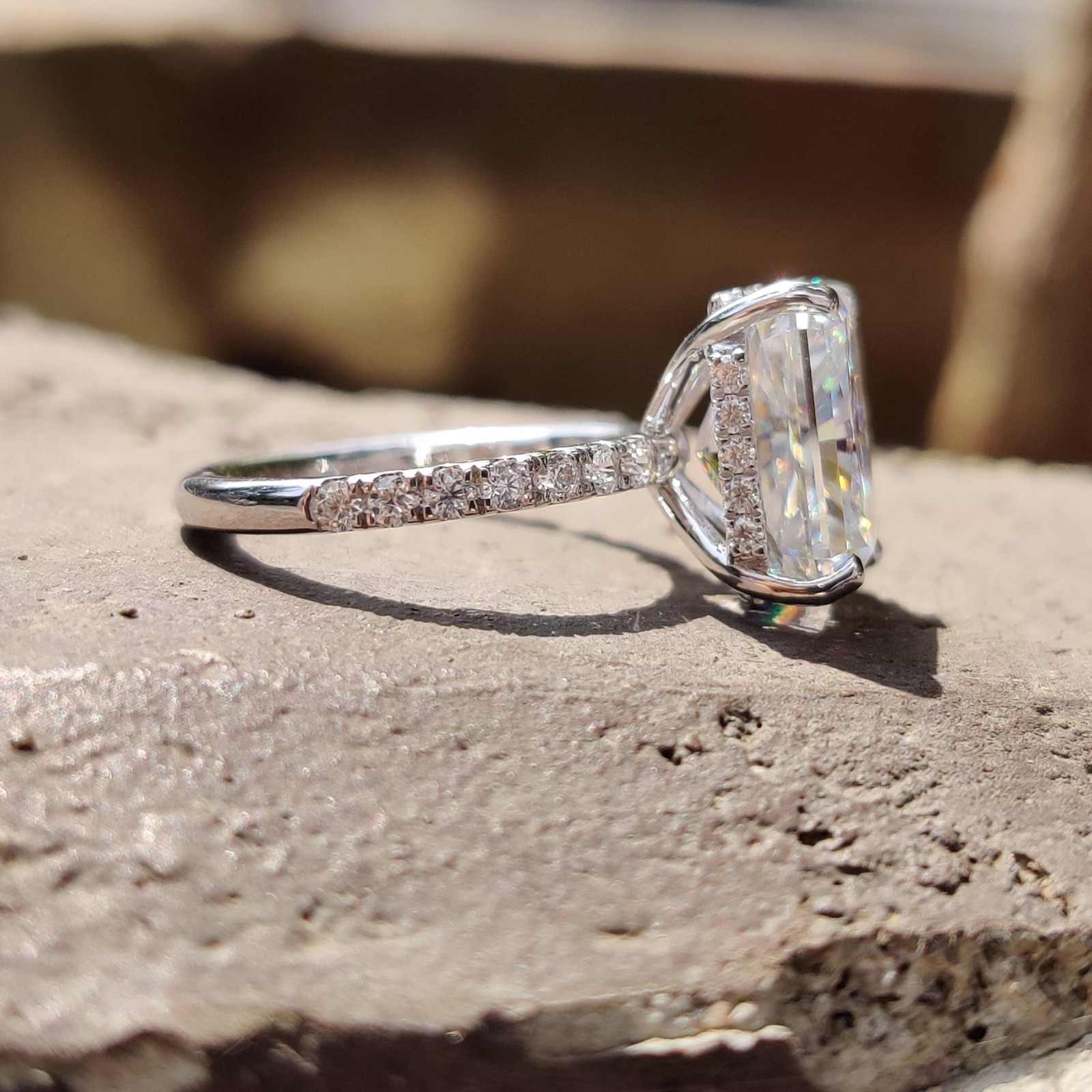 4.76CT Radiant Cut Crushed Ice Moissanite Ring Pave Engagement Ring